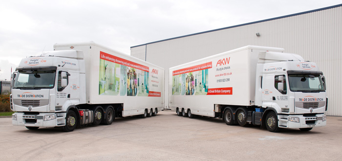 Image of Trade Distribution lorries and trailers used for AKW bespoke logistics service.